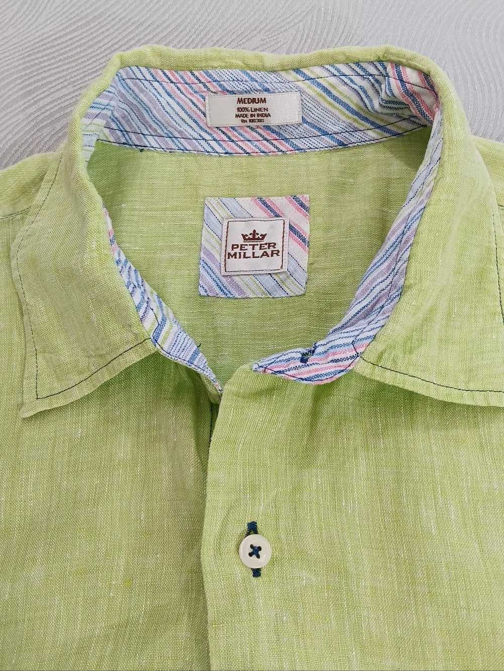 Peter Millar Light Green Size M Short Sleeve Button Up Shirt 100% Linen Summer